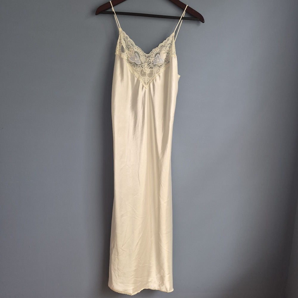 VTG Val Mode Nightgown Womens Medium White Satin Lace USA Bridal Slip Lingerie